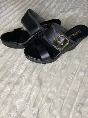 Black Wedge Slide Sandals with Gold Buckle